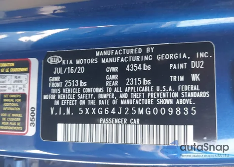 2021 Kia K5 Gt-Line from USA, damaged, VIN 5XXG64J25MG009835